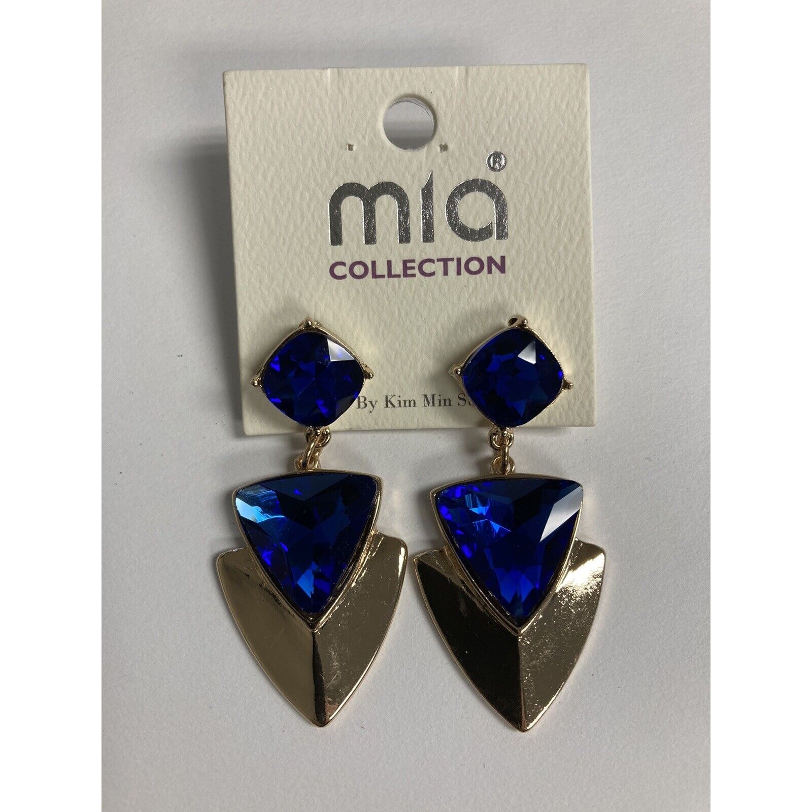 Mia Collection Royal Blue Earrings Dangle Blue And Gold Triangles Square Top